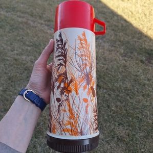 Vintage 70s Aladdin tall thermos grasses flora print